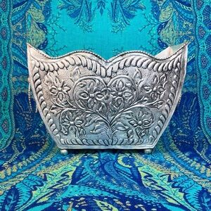 Vintage Hammered Metal Floral Embossed Decorative Planter Container